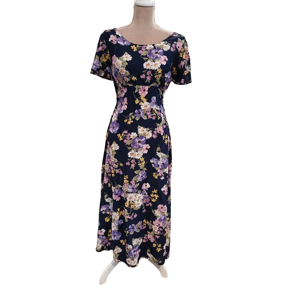 Vtg Erika Small Purple Floral Midi Flutter Sleeve Tie Empire Waist Womans